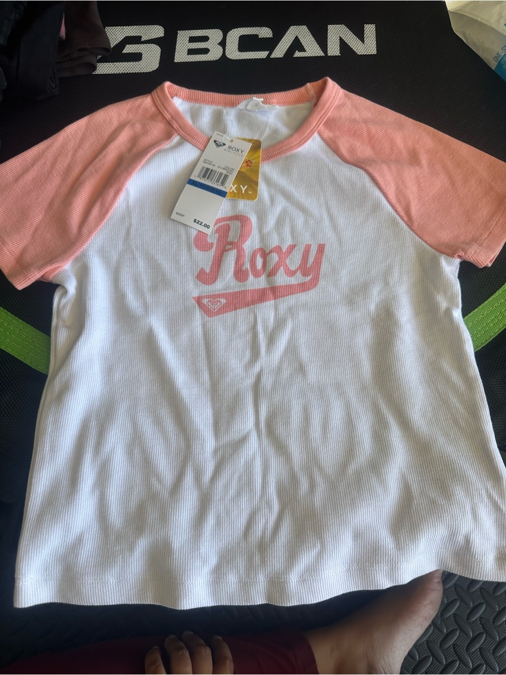 Roxy White Tee with Pink Raglan Sleeves & Logo